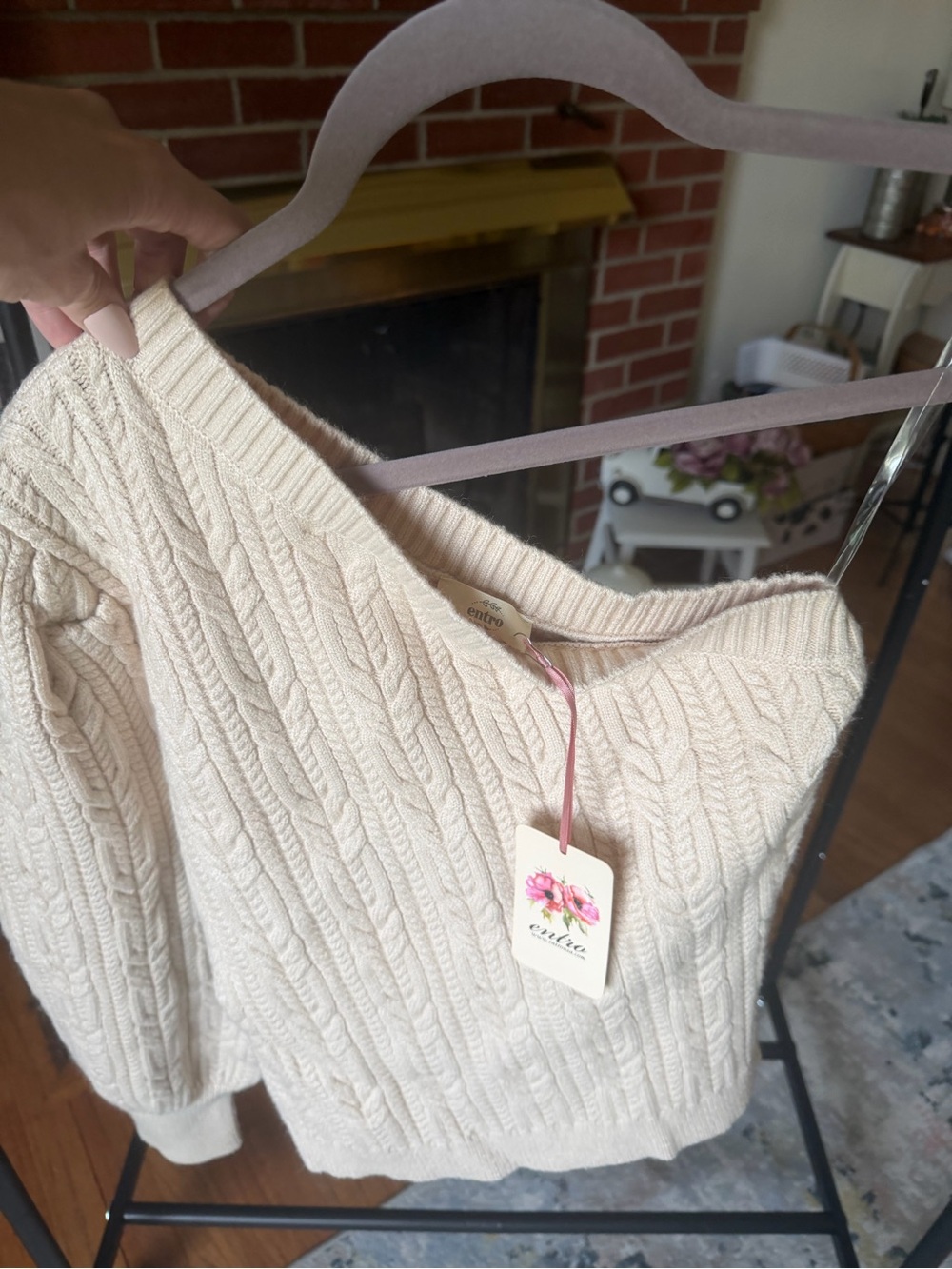 entro - Cream Cable-Knit Puff Sleeve - One Shoulder Sweater